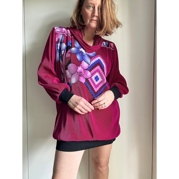 Virginie Paris Floral Micropleated Blouse Pink Made in France Statement SZ L - Picture 1 of 11